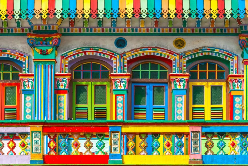 Colorful facade of a building in Little India, Singapore.